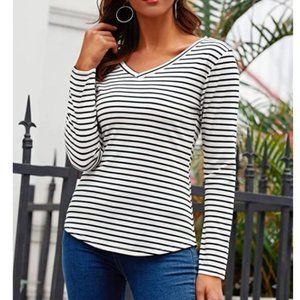 Long Sleeve V Neck Casual Striped Tee Shirt